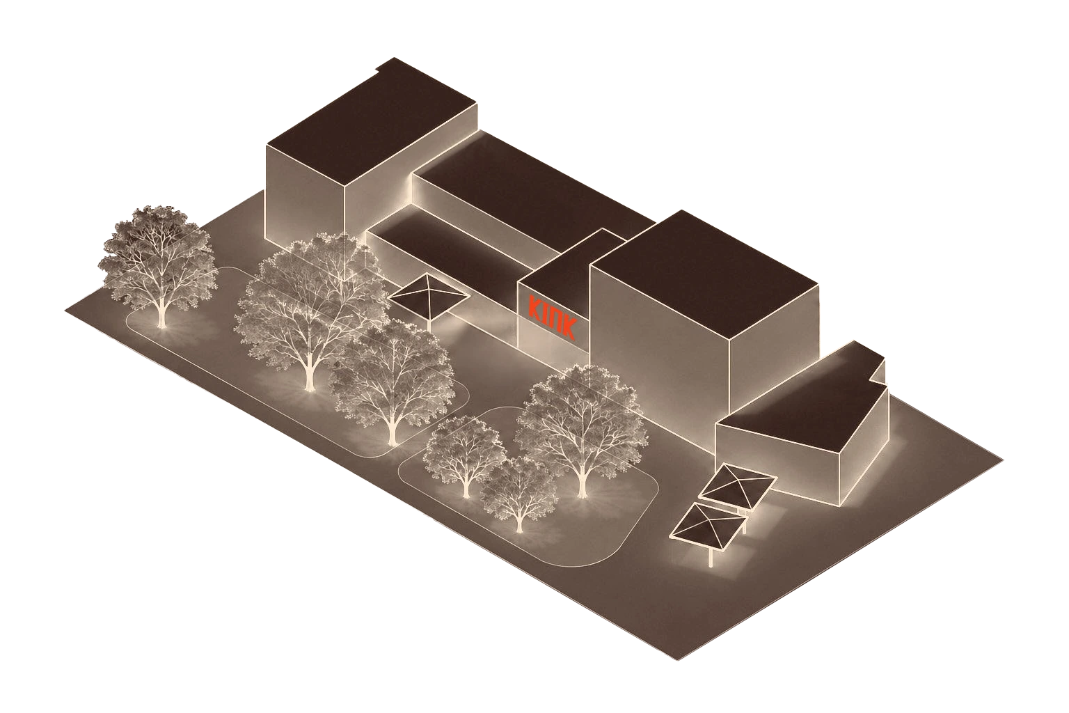 3D-Plan des KINK: Restaurant mit Mezzanine und Chef’s Table, Private Dining Room, Bar, KINK Space, Garten und KINK Space Garten